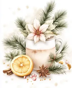 Cozy Winter Beverage with Citrus, Spices, and Pine Decorations