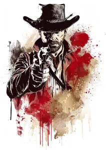 Western Gunslinger Pointing Revolver in Dramatic Illustration