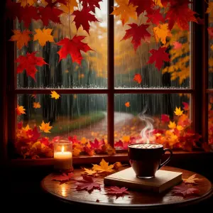Cozy Autumn Scene with Hot Beverage by Rainy Window