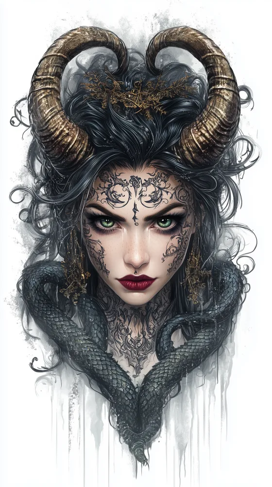 Dark Fantasy Portrait of Woman with Horns and Snake