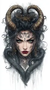 Dark Fantasy Portrait of Woman with Horns and Snake