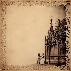 Gothic Church Corner with Two Clad Figures and Ornate Border