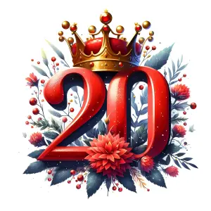 Decorative Number 20 with Crown and Floral Design