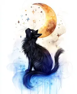 Artistic Illustration of a Black Cat Gazing at a Golden Moon with Stars