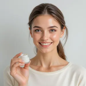 Smiling young woman holding a jar of face cream