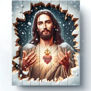 Sacred Heart of Jesus Illustrated on Snowy Wooden Panels