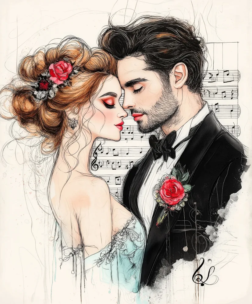 Romantic Couple Portrait with Floral and Musical Themes