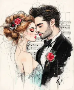 Romantic Couple Portrait with Floral and Musical Themes