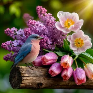 Bluebird Perched on Wood with Dewy Tulips and Lilacs in Sunlight