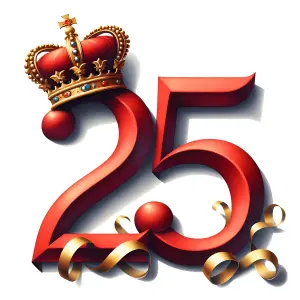 Elegant Red 25th Anniversary Number with Crown and Gold Ribbon