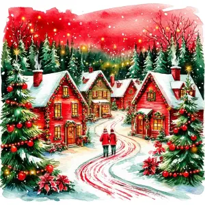 Cozy Snowy Christmas Village with Festive Decorations