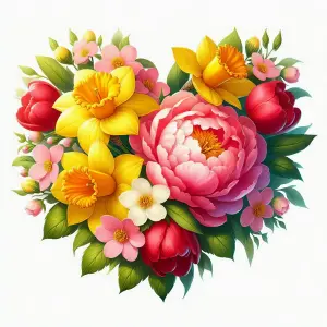 Heart-Shaped Floral Arrangement with Daffodils, Tulips, and Roses