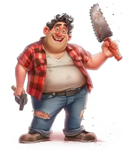 Cartoon Character Holding Large Saw and Pistol