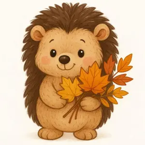 Cute Cartoon Hedgehog Holding Autumn Leaves