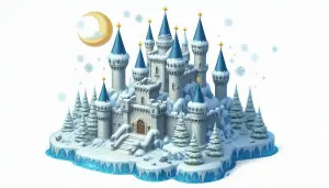Snow-Covered Fantasy Castle with Blue Towers