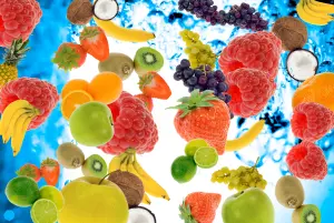 Variety of Fresh Fruits in Splashing Water