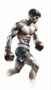 Muscular Male Boxer in Fighting Stance with Boxing Gloves