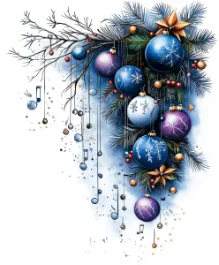 Festive Christmas Ornaments and Pine Decoration with Musical Notes