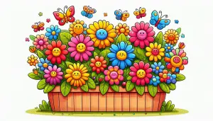 Colorful Cartoon Flowers and Butterflies in Garden Planter