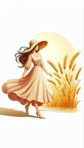 Woman in Flowing Dress and Sun Hat Walking Near Wheat Field