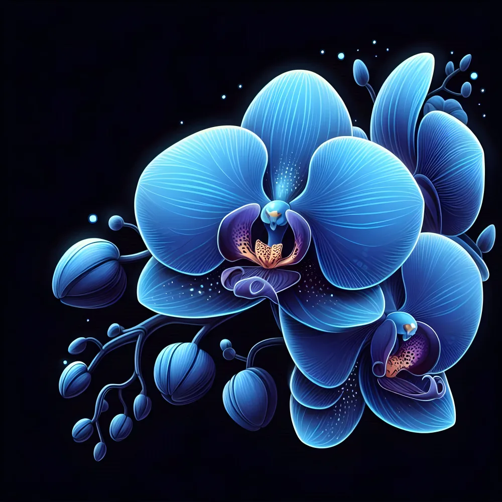 Glowing Blue Orchid Flowers on Black Background