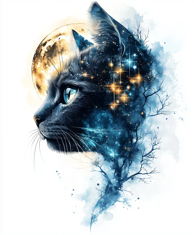 Cosmic Cat with Full Moon and Starry Night