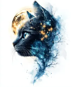 Cosmic Cat with Full Moon and Starry Night