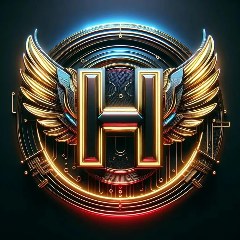 Golden 3D Letter H with Wings and Futuristic Circular Design