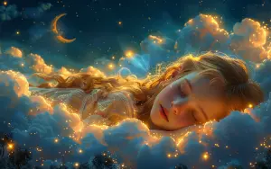 Sleeping Girl Surrounded by Glowing Clouds and Stars