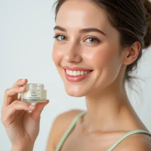 Smiling Woman Holding Skincare Cream Jar