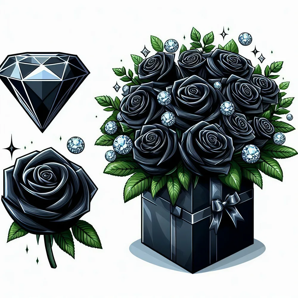 Digital Illustration of Black Roses with Diamond Accents in Gift Box
