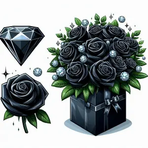 Digital Illustration of Black Roses with Diamond Accents in Gift Box