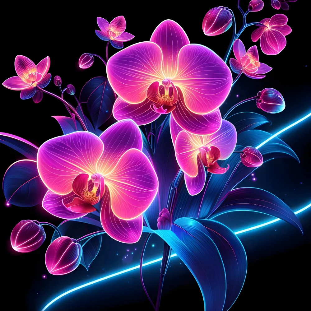 Neon Glow Pink Orchids with Blue Leaves on Black Background