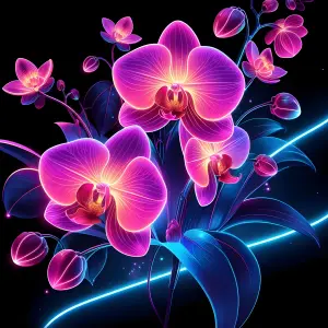 Neon Glow Pink Orchids with Blue Leaves on Black Background