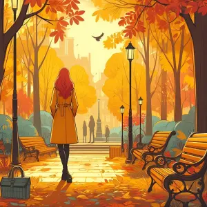 Woman Walking Through Autumn Park with Orange Leaves