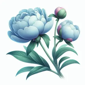Blue Peony Flower Illustration with Buds and Leaves