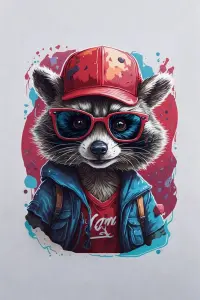 Stylish Raccoon Illustration Wearing Red Cap and Sunglasses