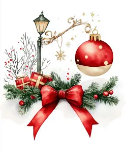 Vintage Lamp Post with Christmas Ornament and Festive Garland