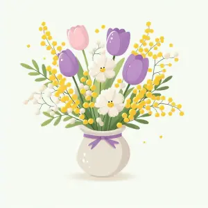 Bouquet of Purple Tulips, Pink Tulip, White Flowers and Yellow Mimosa in White Vase