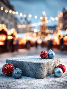 Christmas Ornaments on Snowy Stone Block in Festive Outdoor Market