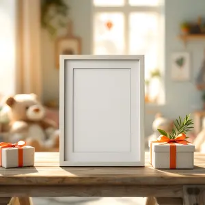 Blank White Photo Frame on Wooden Table with Gift Boxes