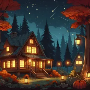 Cozy Autumn Night Cabin in the Forest Under a Starry Sky