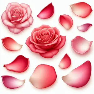 Two Pink Roses and Various Rose Petals on White Background