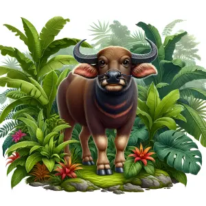 Water Buffalo Standing in Lush Tropical Jungle