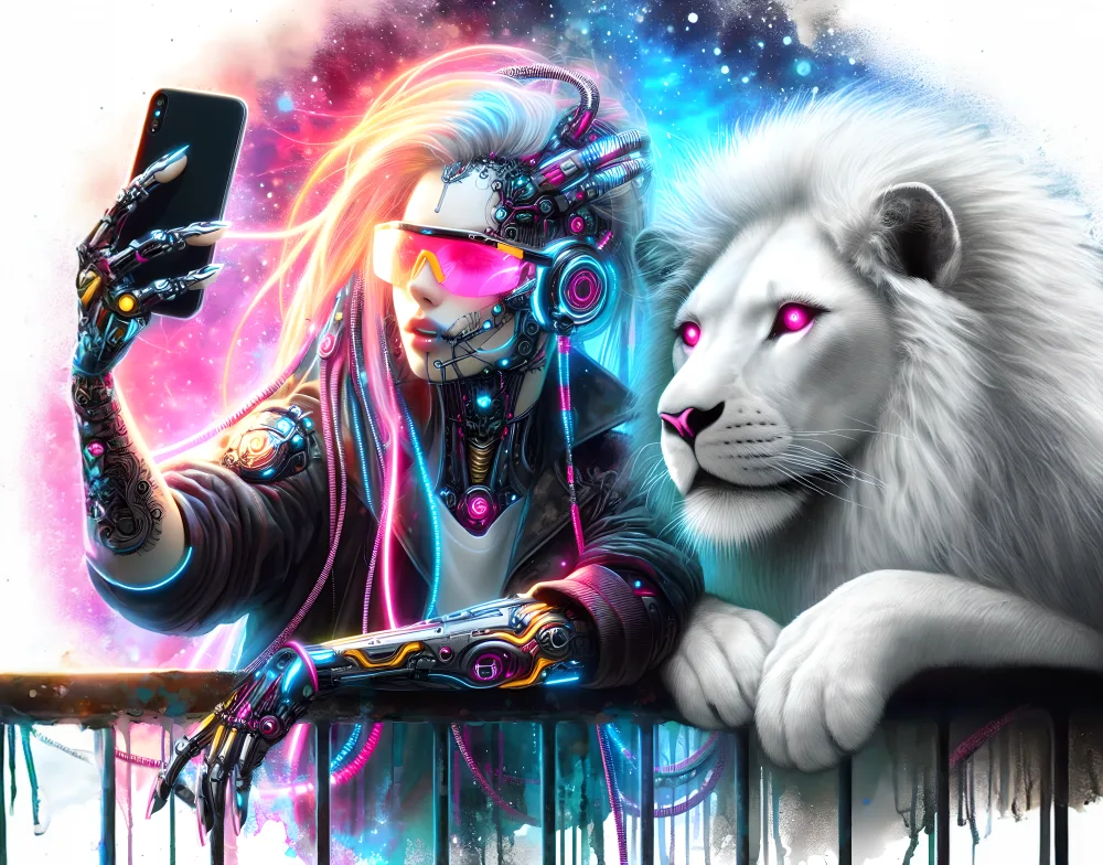 Cyberpunk Woman Taking a Selfie with a White Glowing Lion