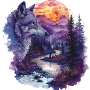 Watercolor Painting of Wolf and Mountain Landscape at Sunset