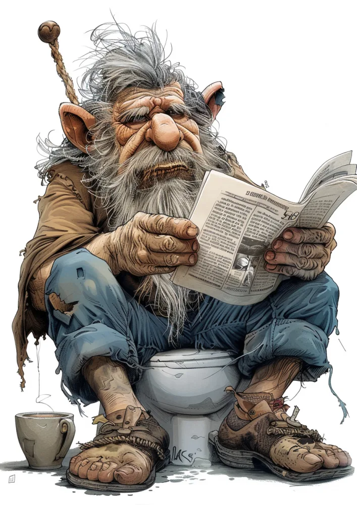 Fantasy Character Reading Newspaper While Sitting on Toilet