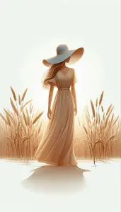 Woman in Flowing Dress and Wide-Brimmed Hat in Wheat Field
