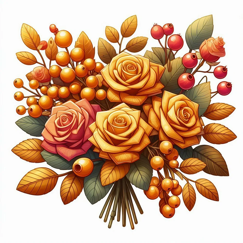 Autumn-themed Rose Bouquet with Berries and Leaves