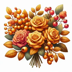 Autumn-themed Rose Bouquet with Berries and Leaves